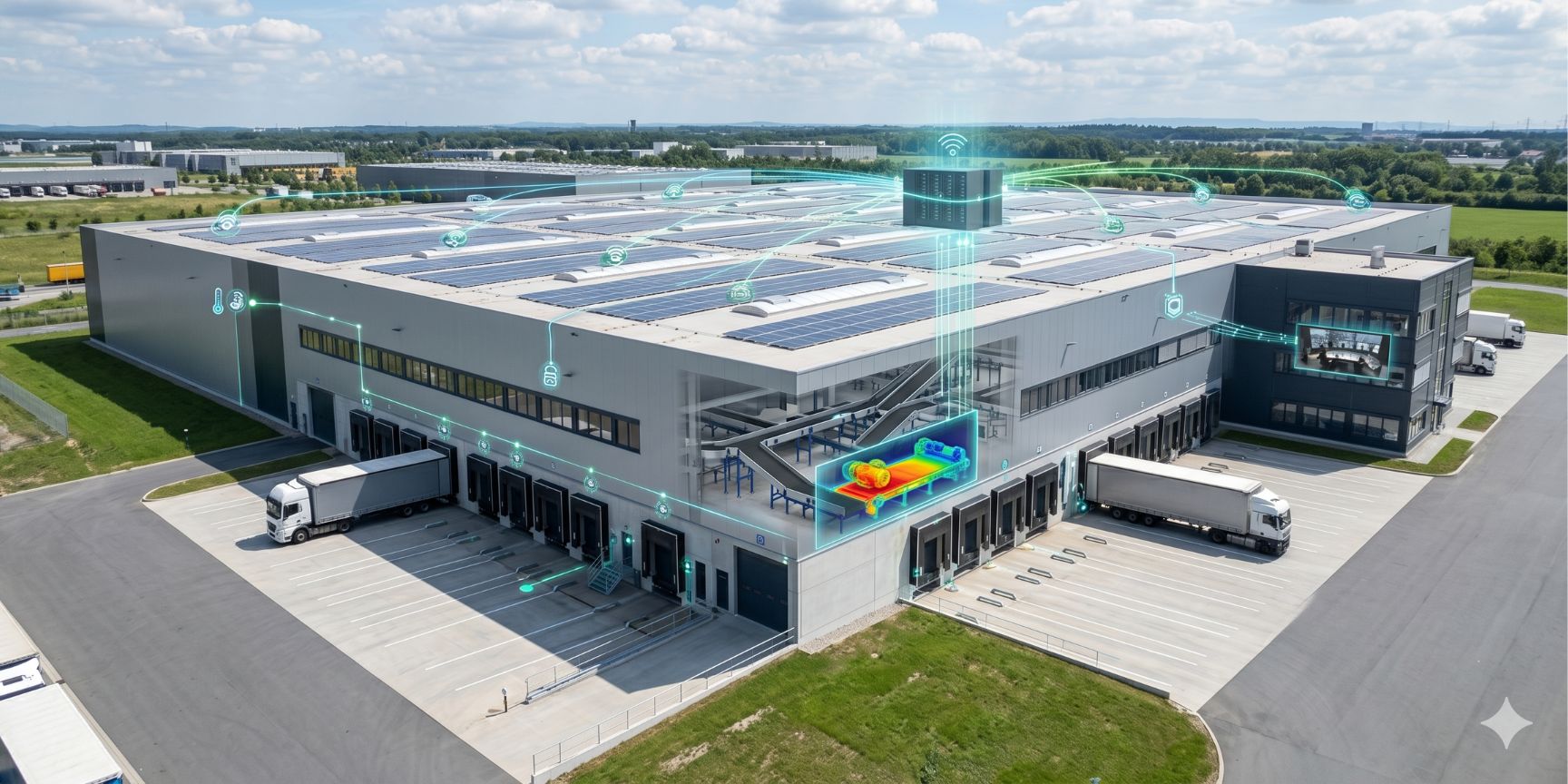 Moderne Logistikimmobilie mit Sensoren auf dem Dach und Toren, verbunden durch Datennetz. Visualisierung von Predictive Maintenance und Smart Building Technologie.
